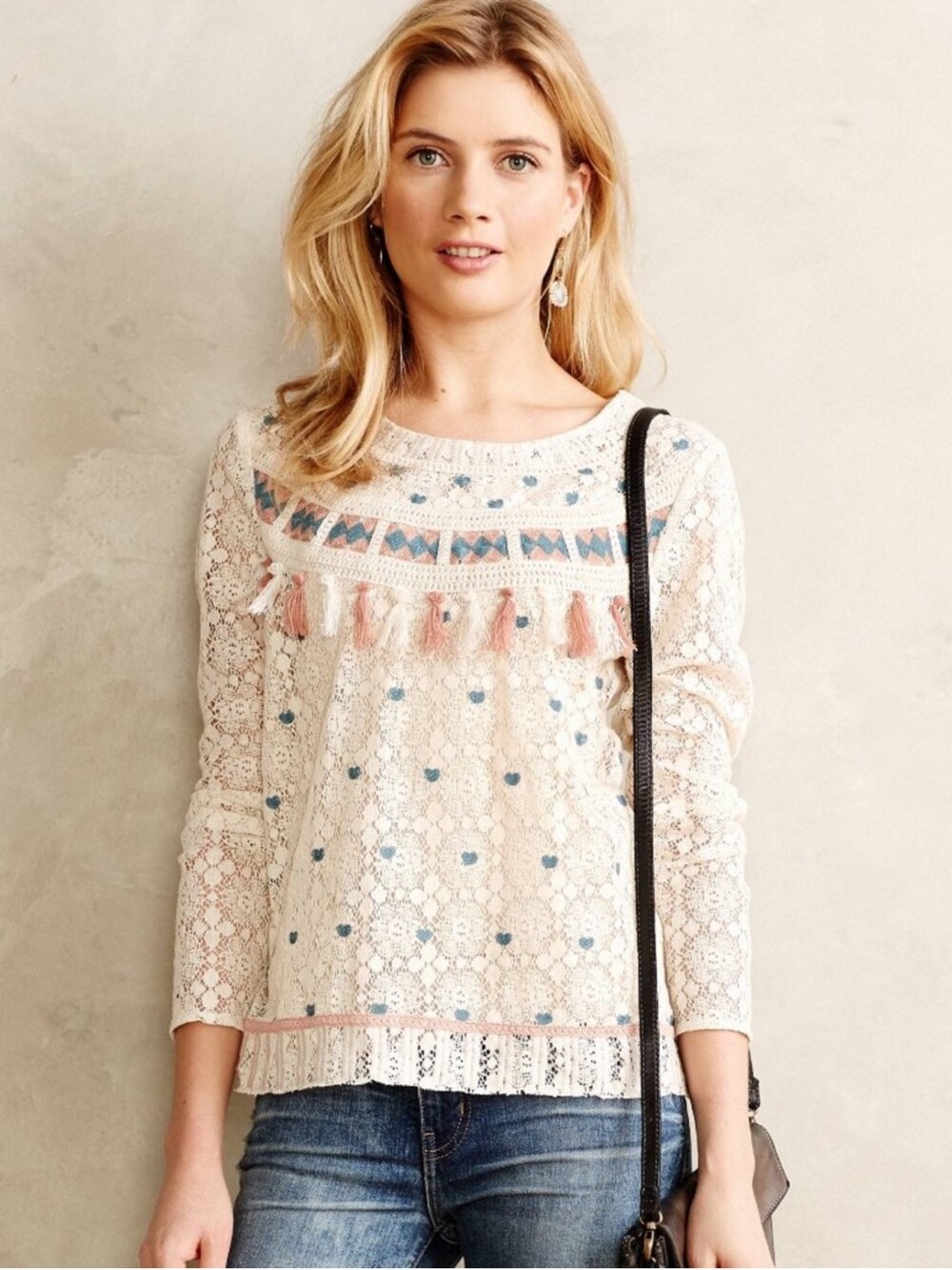 Anthropologie $98 Blue Tassel Tinetto Sweater in Ivory Pink and Blue Hearts NWOT - Picture 5 of 8